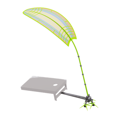 The Sun Blocker Shield clamped to a cornhole board with the shade panel angled over the playing surface